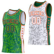 Laden Sie das Bild in den Galerie-Viewer, Custom Kelly Green Orange-White Side Panel Stripe Stars Geometric Shatter Starburst Reversible Double Side Sublimation Basketball Set Jersey
