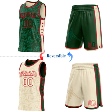 Custom Green Red-Cream Side Panel Stripe Stars Geometric Shatter Starburst Reversible Double Side Sublimation Basketball Set Jersey