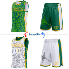 Laden Sie das Bild in den Galerie-Viewer, Custom Kelly Green Gold-White Side Panel Stripe Stars Geometric Shatter Starburst Reversible Double Side Sublimation Basketball Set Jersey
