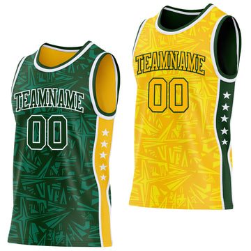 Custom Green White-Gold Side Panel Stripe Stars Geometric Shatter Starburst Reversible Double Side Sublimation Basketball Set Jersey