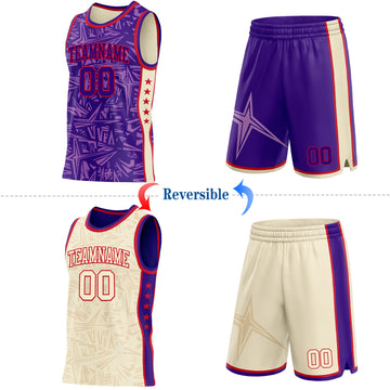 Custom Purple Red-Cream Side Panel Stripe Stars Geometric Shatter Starburst Reversible Double Side Sublimation Basketball Set Jersey