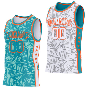 Custom Teal Orange-White Side Panel Stripe Stars Geometric Shatter Starburst Reversible Double Side Sublimation Basketball Set Jersey