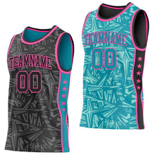 Charger l'image dans la galerie, Custom Black Pink-Teal Side Panel Stripe Stars Geometric Shatter Starburst Reversible Double Side Sublimation Basketball Set Jersey
