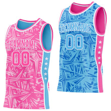 Laden Sie das Bild in den Galerie-Viewer, Custom Pink White-Sky Blue Side Panel Stripe Stars Geometric Shatter Starburst Reversible Double Side Sublimation Basketball Set Jersey
