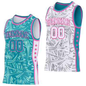 Custom Teal Pink-White Side Panel Stripe Stars Geometric Shatter Starburst Reversible Double Side Sublimation Basketball Set Jersey