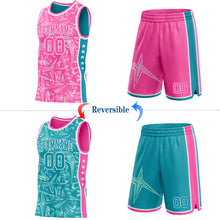 Laden Sie das Bild in den Galerie-Viewer, Custom Pink White-Teal Side Panel Stripe Stars Geometric Shatter Starburst Reversible Double Side Sublimation Basketball Set Jersey
