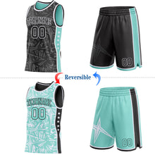 Charger l'image dans la galerie, Custom Black White-Ice Blue Side Panel Stripe Stars Geometric Shatter Starburst Reversible Double Side Sublimation Basketball Set Jersey
