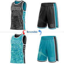 Charger l'image dans la galerie, Custom Black White-Teal Side Panel Stripe Stars Geometric Shatter Starburst Reversible Double Side Sublimation Basketball Set Jersey
