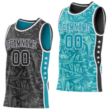 Charger l'image dans la galerie, Custom Black White-Teal Side Panel Stripe Stars Geometric Shatter Starburst Reversible Double Side Sublimation Basketball Set Jersey
