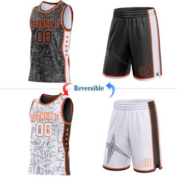 Custom Black Orange-White Side Panel Stripe Stars Geometric Shatter Starburst Reversible Double Side Sublimation Basketball Set Jersey