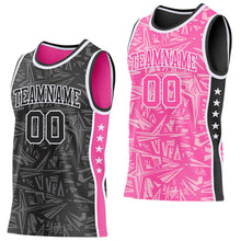 Charger l'image dans la galerie, Custom Black White-Pink Side Panel Stripe Stars Geometric Shatter Starburst Reversible Double Side Sublimation Basketball Set Jersey
