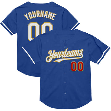 Custom Royal Red-Old Gold Mesh Authentic Throwback Baseball Jersey