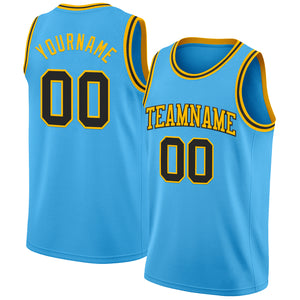 Custom Sky Blue Balck-Gold Authentic Basketball Jerse