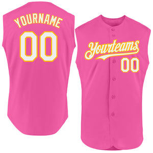 Custom Pink White-Gold Authentic Sleeveless Baseball Jersey