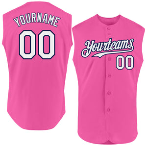 Custom Pink White-Navy Authentic Sleeveless Baseball Jersey