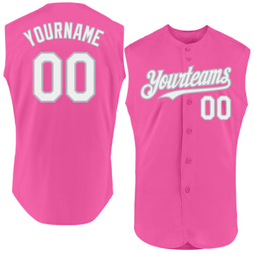 Custom Pink White-Gray Authentic Sleeveless Baseball Jersey