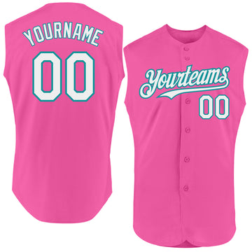 Custom Pink White-Teal Authentic Sleeveless Baseball Jersey