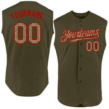 Custom Olive Camo-Red Authentic Sleeveless Salute To Service Baseball Jersey