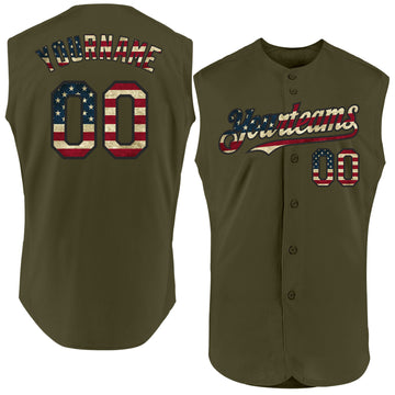 Custom Olive Vintage USA Flag-Black Authentic Sleeveless Salute To Service Baseball Jersey