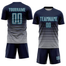 Laden Sie das Bild in den Galerie-Viewer, Custom Navy Gray-Teal Pinstripe Fade Fashion Sublimation Soccer Uniform Jersey
