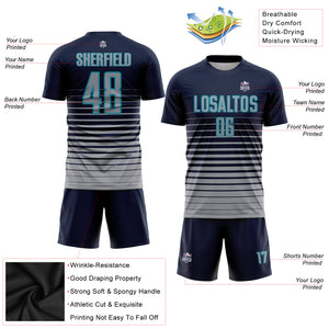 Custom Navy Gray-Teal Pinstripe Fade Fashion Sublimation Soccer Uniform Jersey
