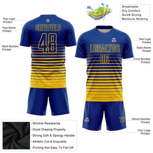 Custom Royal Yellow Pinstripe Fade Fashion Sublimation Soccer Uniform Jersey