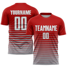 Laden Sie das Bild in den Galerie-Viewer, Custom Red White-Gray Pinstripe Fade Fashion Sublimation Soccer Uniform Jersey
