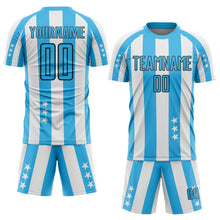 Laden Sie das Bild in den Galerie-Viewer, Custom White Sky Blue-Black Stars And Stripes Sublimation Soccer Uniform Jersey
