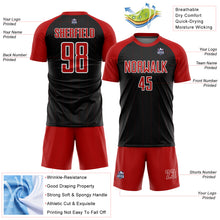 Laden Sie das Bild in den Galerie-Viewer, Custom Black Red-White Pinstripe Sublimation Soccer Uniform Jersey
