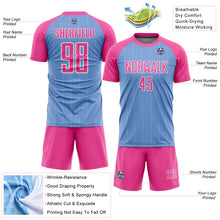 Laden Sie das Bild in den Galerie-Viewer, Custom Light Blue Pink-White Pinstripe Sublimation Soccer Uniform Jersey
