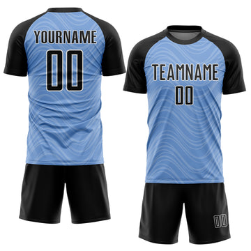 Custom Light Blue Black-White Wavy Lines Sublimation Soccer Uniform Jersey