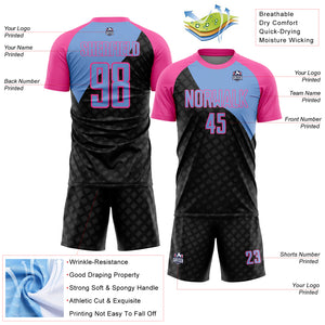 Custom Black Light Blue-Pink Curve Lines Sublimation Soccer Uniform Jersey