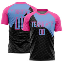 Laden Sie das Bild in den Galerie-Viewer, Custom Black Light Blue-Pink Curve Lines Sublimation Soccer Uniform Jersey
