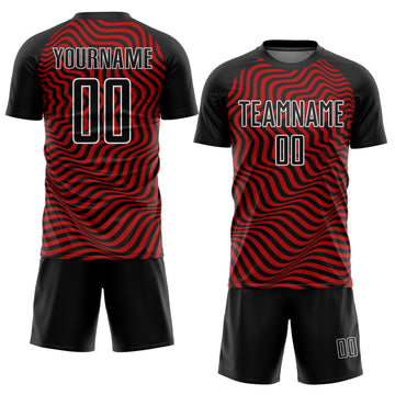 Custom Black Red-White Wavy Lines Sublimation Soccer Uniform Jersey