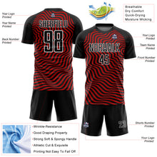 Load image into Gallery viewer, Custom Black Red-White Wavy Lines Sublimation Soccer Uniform Jersey
