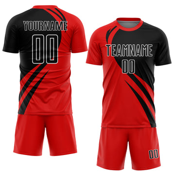 Custom Red Black-White Curve Lines Sublimation Soccer Uniform Jersey