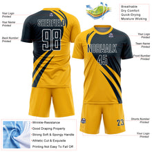 Laden Sie das Bild in den Galerie-Viewer, Custom Gold Navy-White Curve Lines Sublimation Soccer Uniform Jersey

