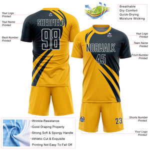 Custom Gold Navy-White Curve Lines Sublimation Soccer Uniform Jersey