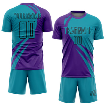 Custom Purple Teal-Black Curve Lines Sublimation Soccer Uniform Jersey