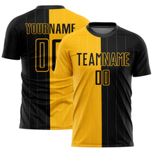 Load image into Gallery viewer, Custom Gold Black Pinstripe Split Fashion Sublimation Soccer Uniform Jersey
