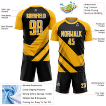 Load image into Gallery viewer, Custom Gold Black-White Arrow Shapes Sublimation Soccer Uniform Jersey
