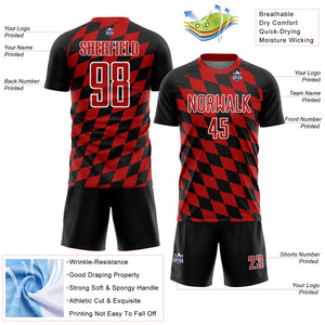 Custom Black Red-White Rhombus Print Sublimation Soccer Uniform Jersey