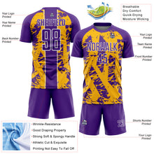 Laden Sie das Bild in den Galerie-Viewer, Custom Purple Gold-White Irregular Shapes Sublimation Soccer Uniform Jersey
