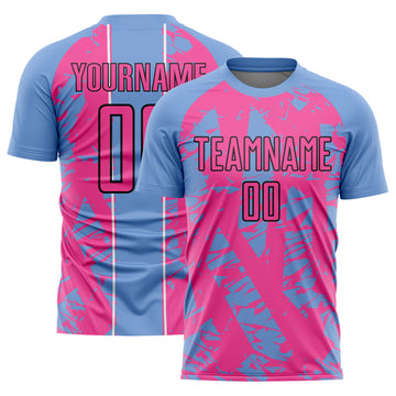 Custom Light Blue Pink-White Irregular Shapes Sublimation Soccer Uniform Jersey