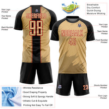 Load image into Gallery viewer, Custom Old Gold Black-Red Sharp Shapes Sublimation Soccer Uniform Jersey
