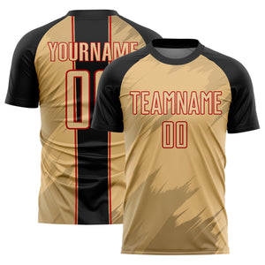 Custom Old Gold Black-Red Sharp Shapes Sublimation Soccer Uniform Jersey
