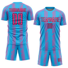 Laden Sie das Bild in den Galerie-Viewer, Custom Sky Blue Pink-Black Pinstripe Sublimation Soccer Uniform Jersey
