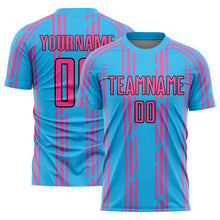 Laden Sie das Bild in den Galerie-Viewer, Custom Sky Blue Pink-Black Pinstripe Sublimation Soccer Uniform Jersey
