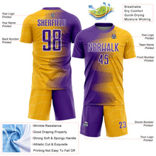 Laden Sie das Bild in den Galerie-Viewer, Custom Gold Purple-White Gradient Arrow Sublimation Soccer Uniform Jersey
