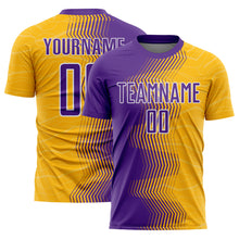 Load image into Gallery viewer, Custom Gold Purple-White Gradient Arrow Sublimation Soccer Uniform Jersey
